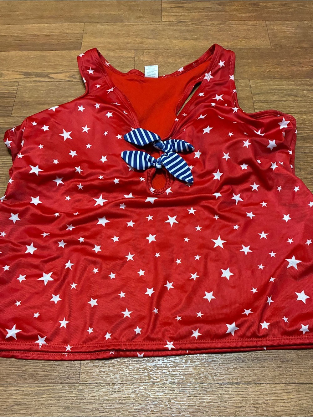 Women’s Tankini Swim Top Red with Star Print with Blue Stripe Bows Size OX